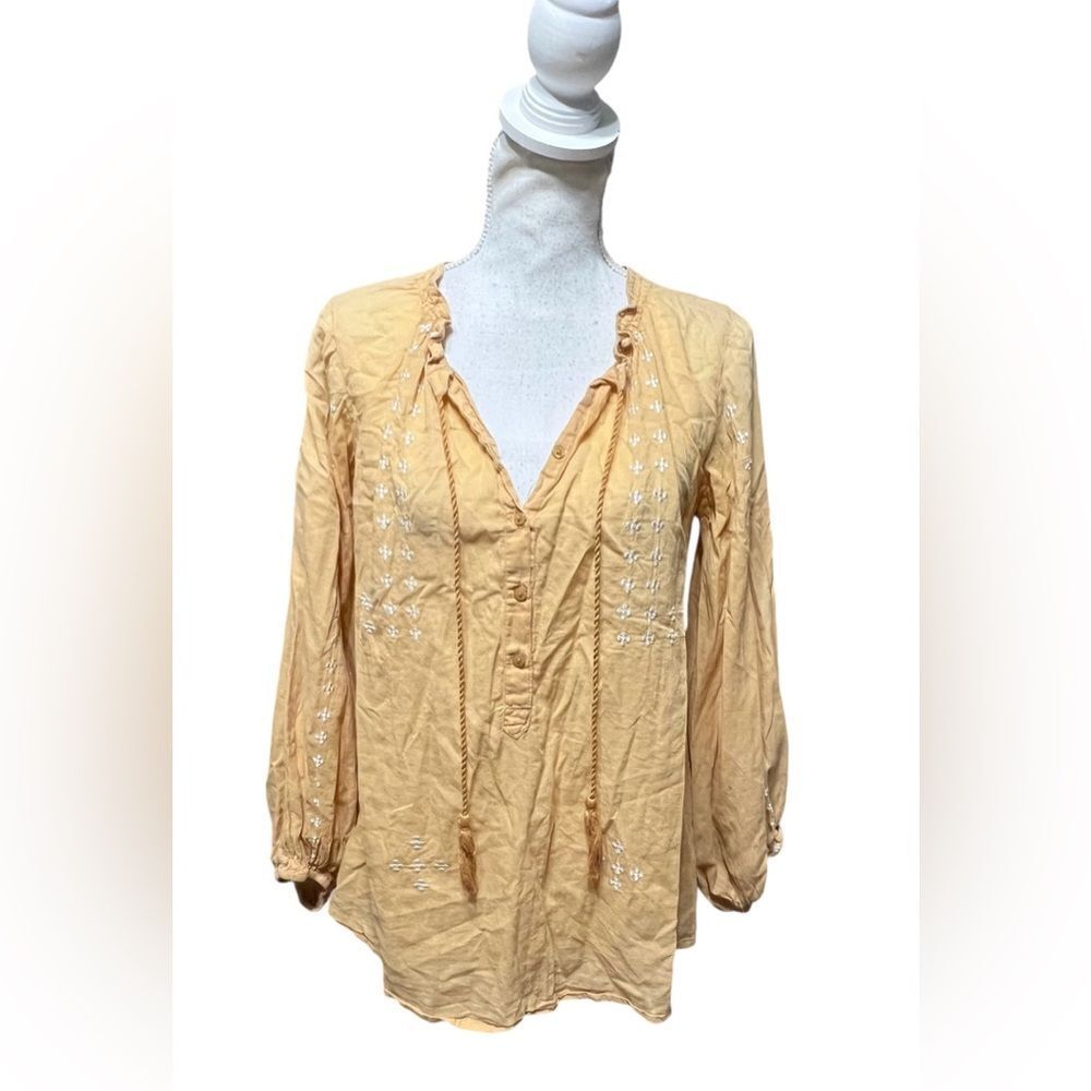 Emerson Fry India Collection Size XS Embroidered Bardot Blouse Mustard Organic - Picture 2 of 5